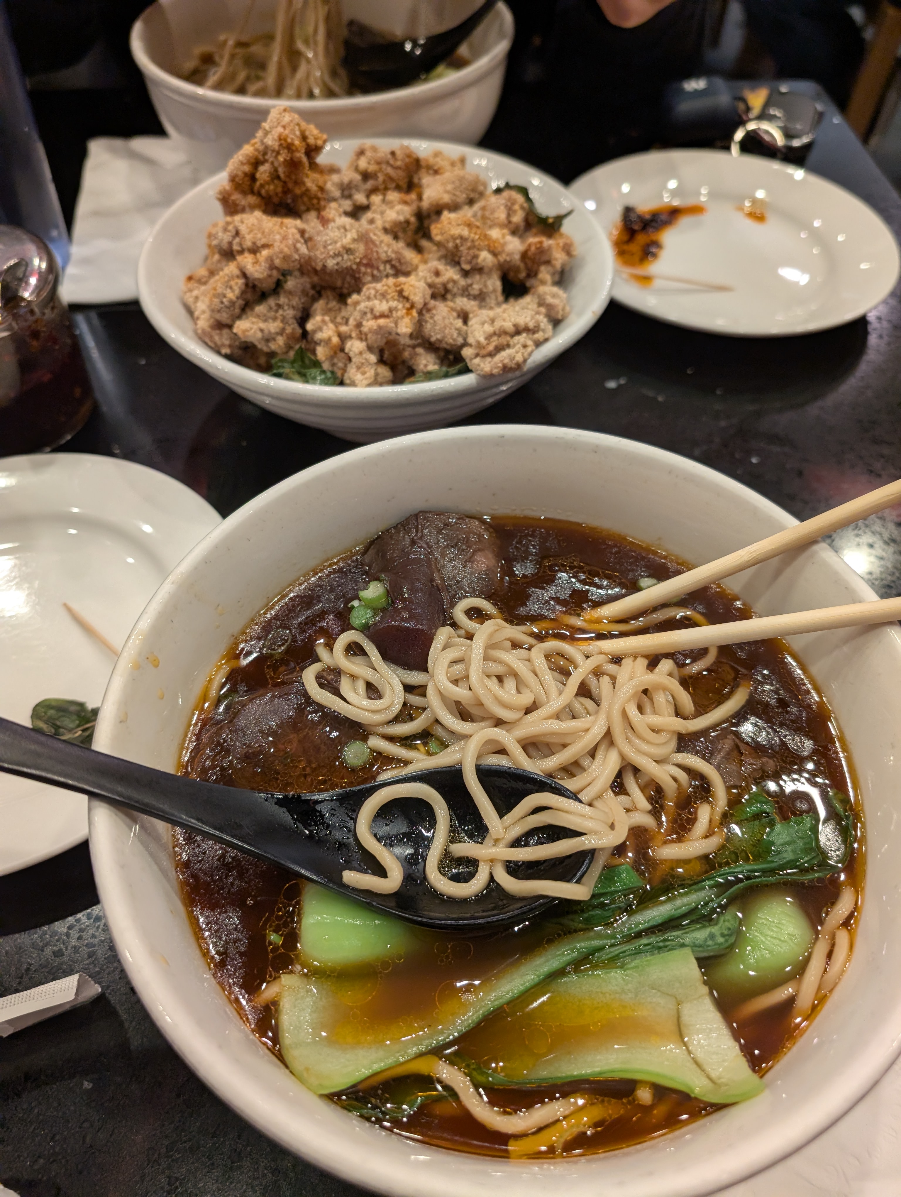 beef noodle soup and popcorn chicken